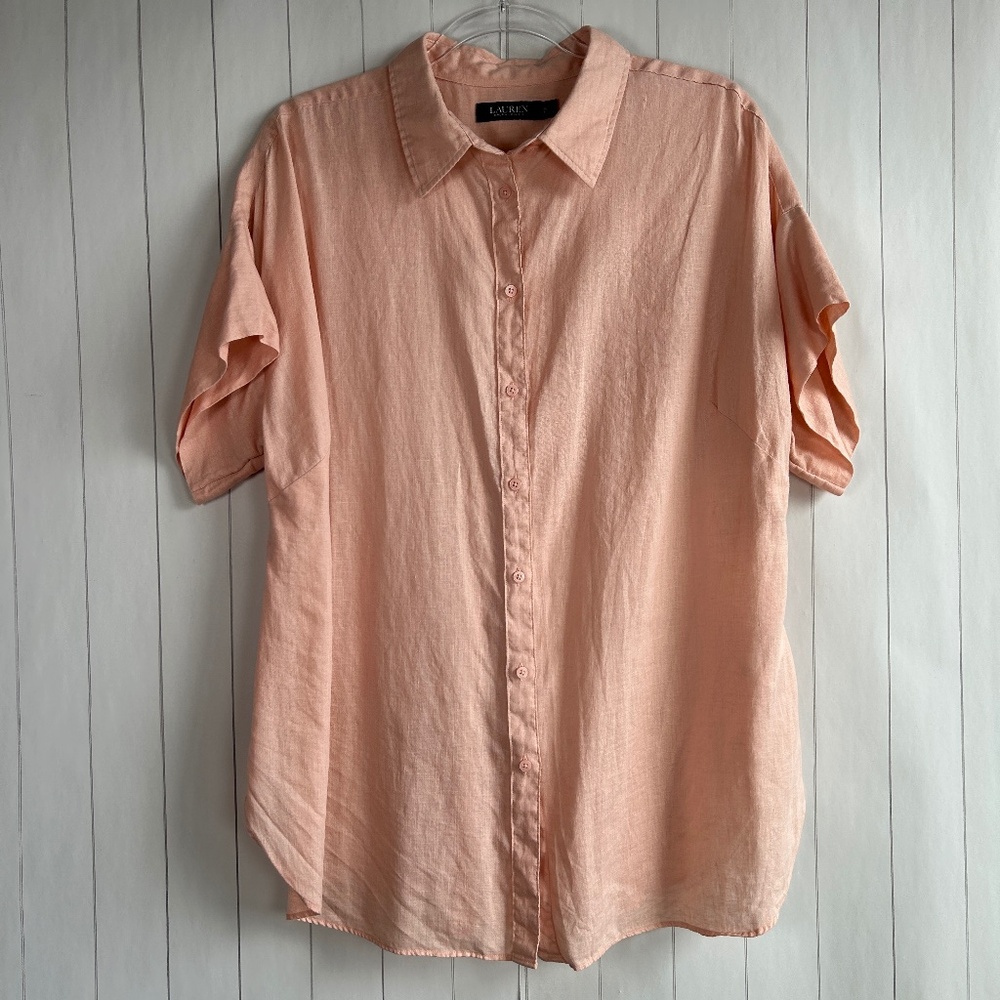 Ralph Lauren women size 1X button up shirt 100% linen short dolman sleeve peach
